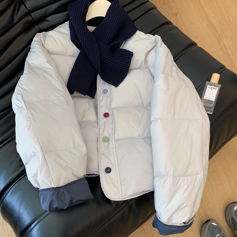 韩系温柔奶蓝色棉服女秋冬季百搭宽松小个子撞色圆领短款棉衣外套