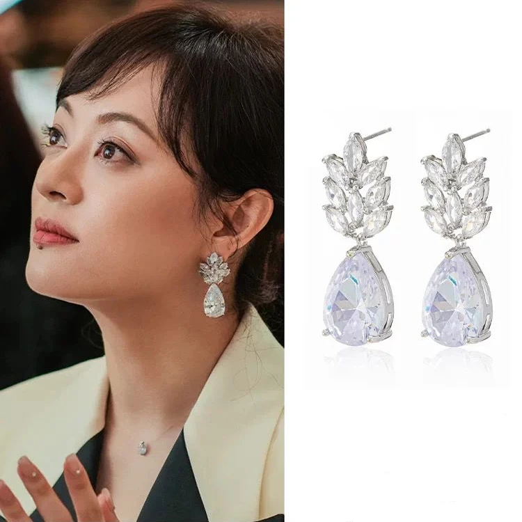 铜合金合成锆石耳饰  蛮好人生孙俪同款水滴长款耳环个性精致耳钉
