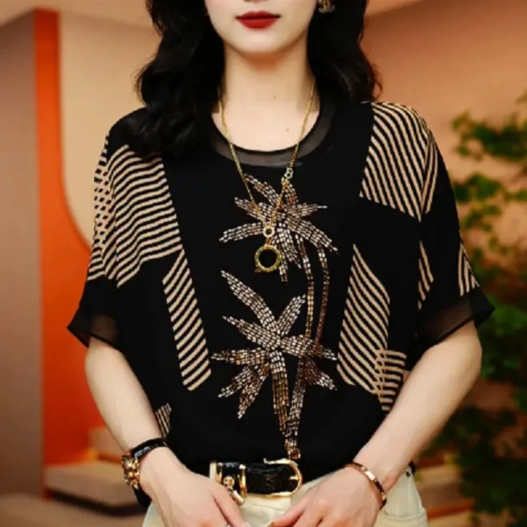 烫金竹叶——夏季圆领短袖上衣显瘦