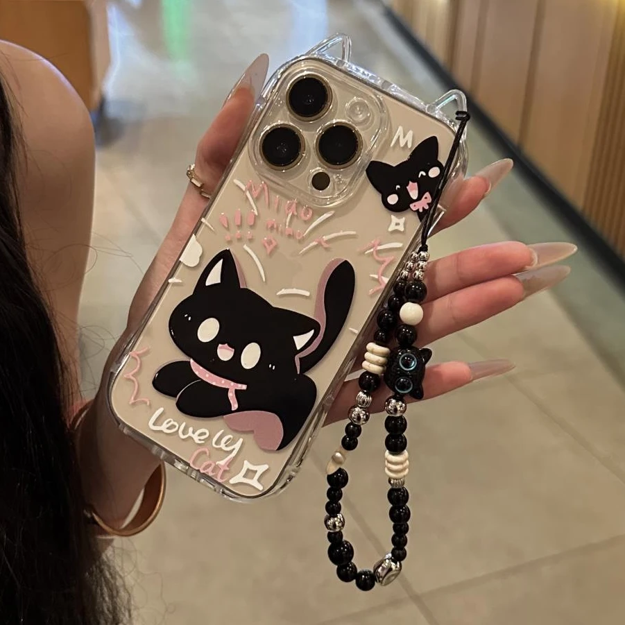 卡通惊吓黑猫挂链适用iPhone16/15pro苹果1412猫耳手机壳13透明11