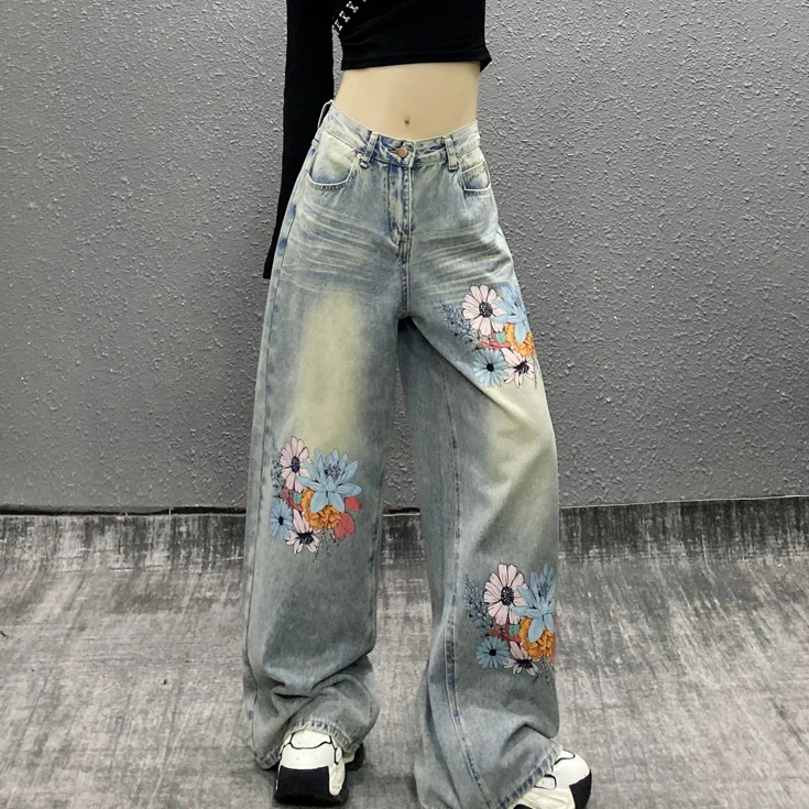 印花水洗牛仔裤女款爆款2025新款春季高腰显瘦宽松垂感阔腿拖地裤