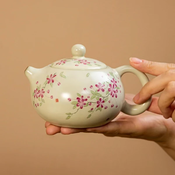 国宝窑手作汝窑桃枝花凤鸣壶西施壶