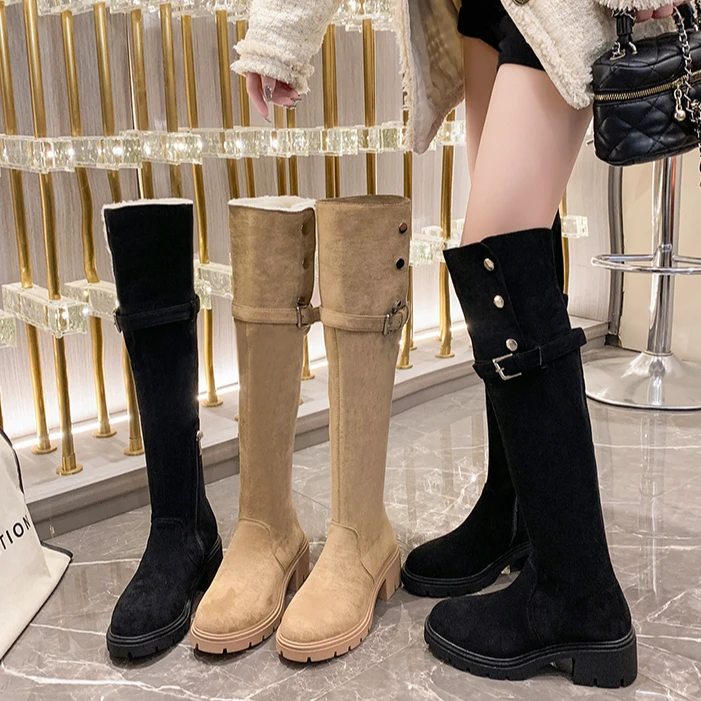 羊皮毛一体小个子粗跟长靴女不过膝高筒靴2024春秋季新款时尚休闲