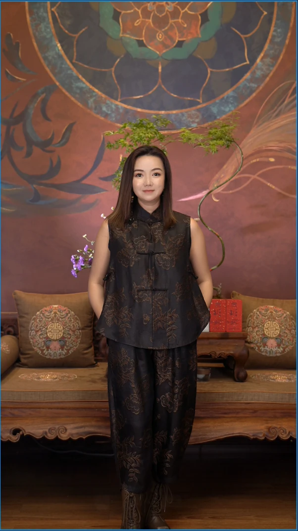 爱上莲心香云纱黑金牡丹提花套装新中式夏季时尚