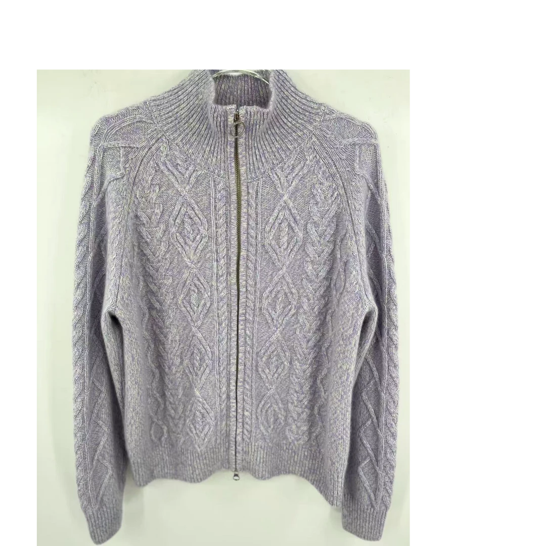 浅秋.意浓6股多色花沙合股加厚出纯山羊绒双头拉链开衫女士半高领