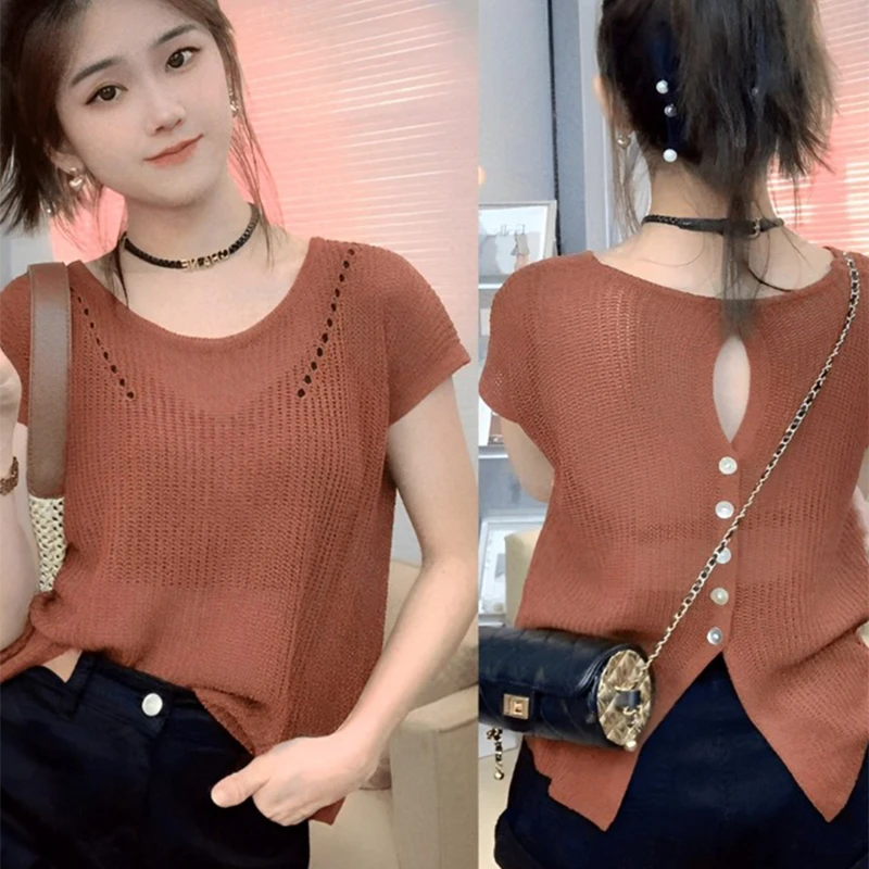 薄款冰丝针织衫短袖女夏季2025新款设计感后背镂空罩衫针织上衣女