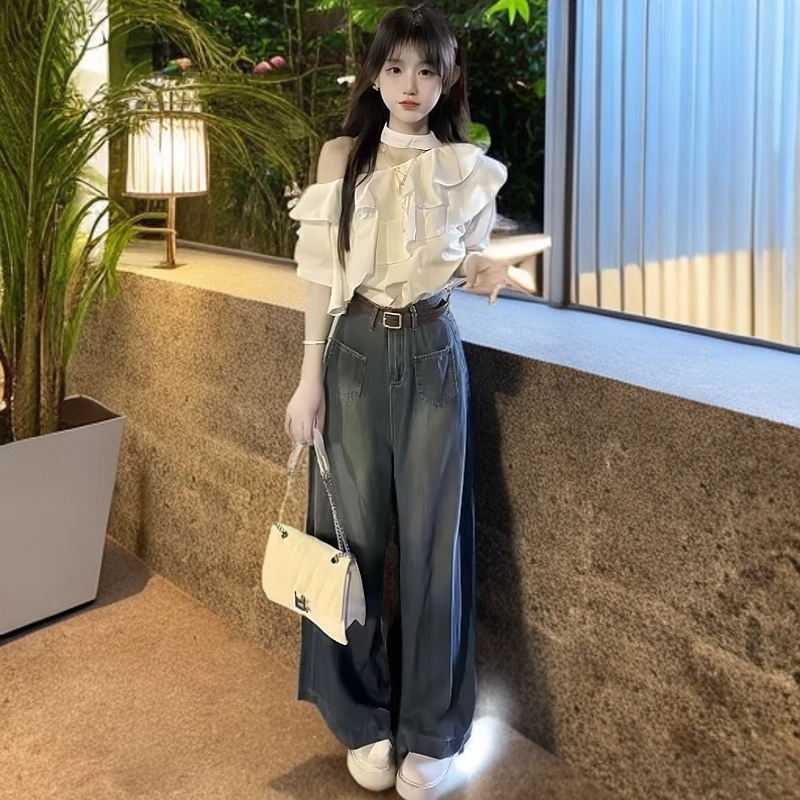 温柔搭配套装荷叶短袖露肩衬衣高腰牛仔阔腿网红洋气炸街女装甜美