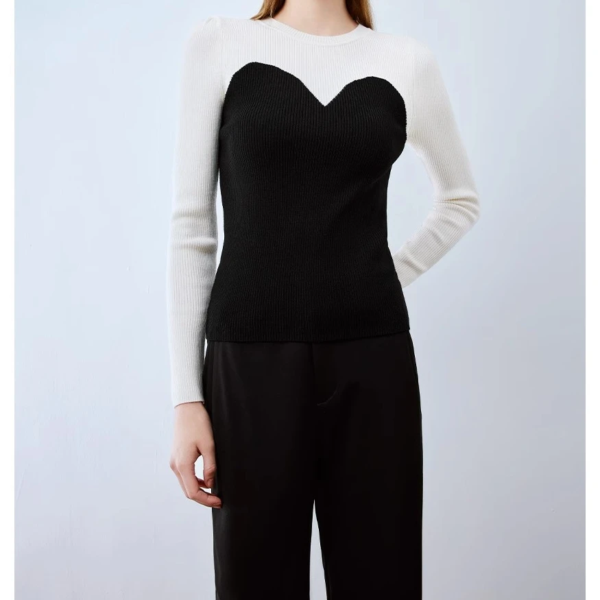 【YE】s长56黑白拼色针织衫春季新款全羊毛简约套头修身打底衫3344