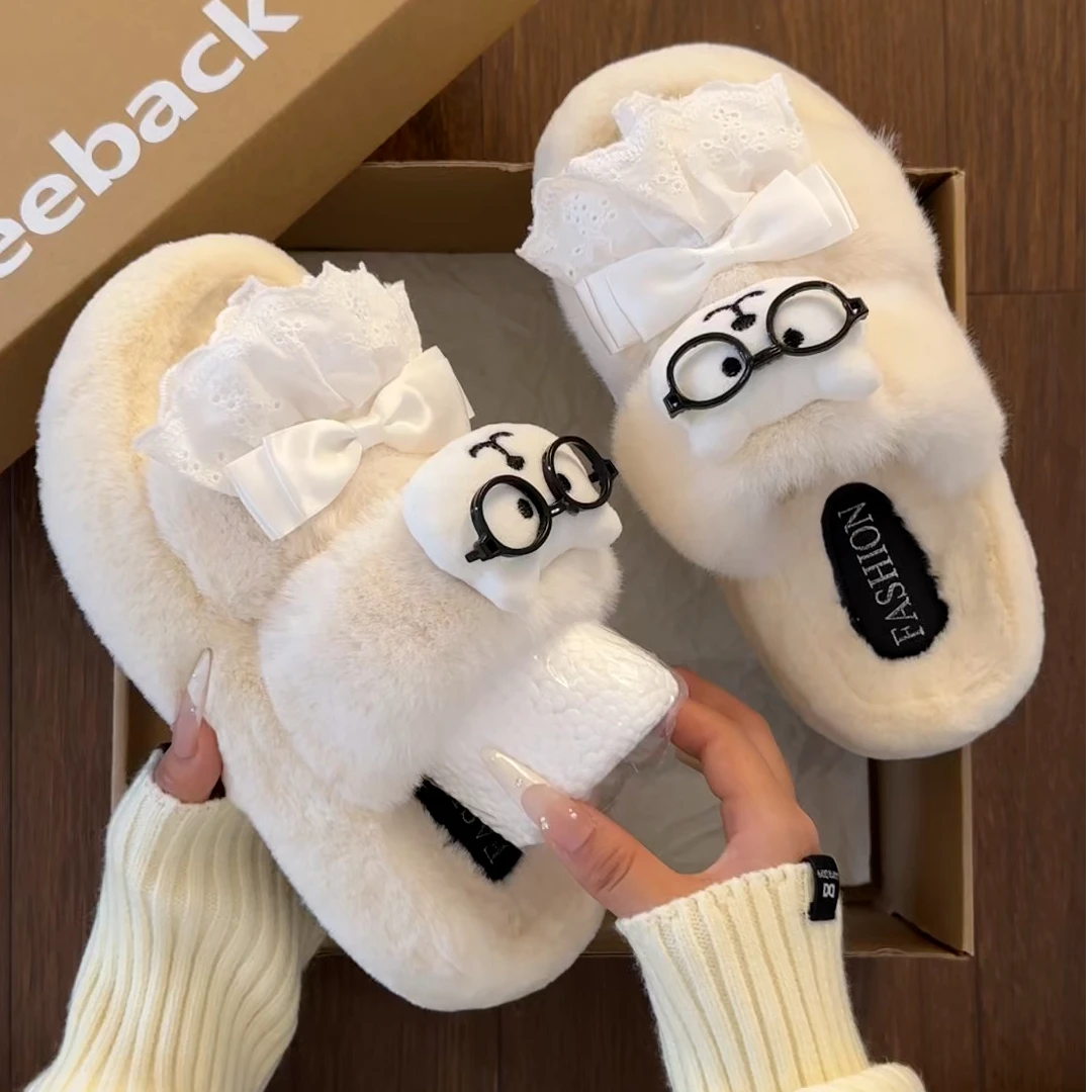 卡通可爱眼镜熊一字拖外穿女蝴蝶结中跟修面防滑反绒时尚少女风潮