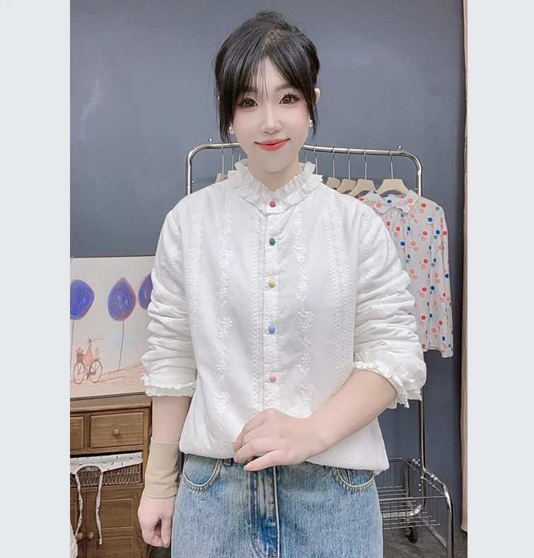 花边领精致新款上衣   法式满身刺绣纯棉衬衫夹棉保暖棉衣女