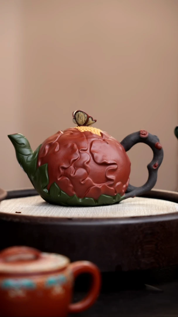 茶壶紫砂朱泥三色牡丹壶