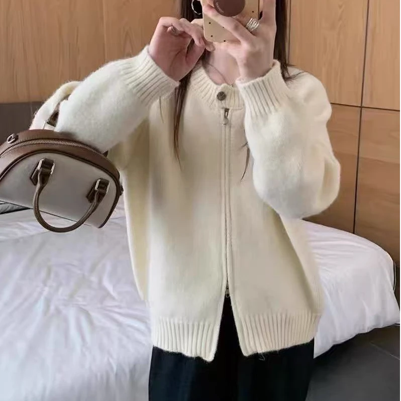 8820#设计感纽扣圆领双拉链针织开衫女秋冬新款宽松毛衣外套上衣