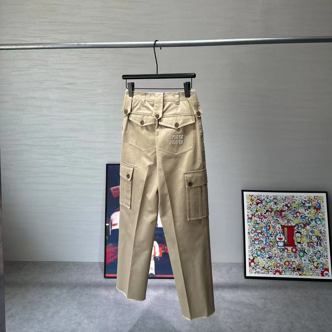 未使用 MIU MIU/缪缪  纯色口袋直筒流苏休闲裤 卡 卡其色/36