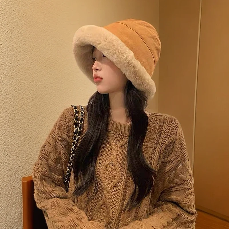 女款帽子纯色女冬天毛绒大头围加厚渔夫帽短檐显脸小蒙古防寒帽子