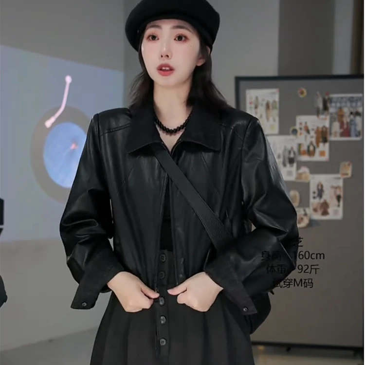 复古翻领皮衣外套女2025秋季新款时尚百搭休闲短款PU皮夹克上衣潮