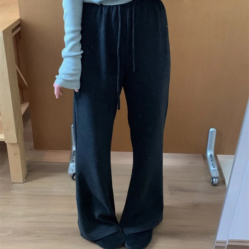高端货~松弛感抽绳显瘦微喇裤女秋冬新款高腰黑色显瘦休闲裤