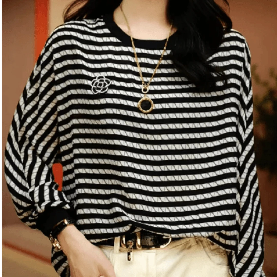 洋气印花时尚轻奢轻薄打底上衣洋气条纹百搭宽松减龄长袖圆领女士