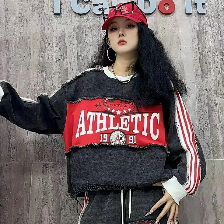 欧货时尚潮流拼接宽松圆领长袖卫衣-秋季休闲百搭韩版牛仔直筒裤