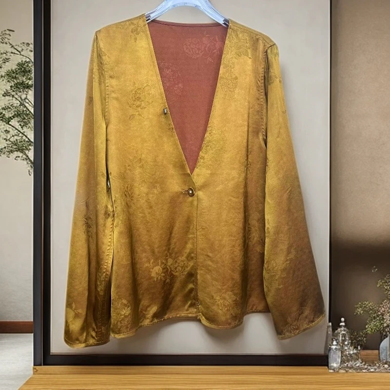 【魅影】新中式国风人丝暗提花V领一粒扣香云纱外套女宽松气质上衣