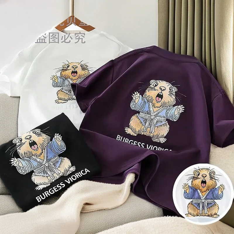 圆领儿童印花土拨鼠短袖T恤卡通宽松夏季变色时尚ol上衣纯棉男童