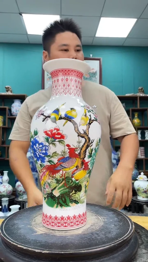 摆件牡丹双凤鱼尾陶瓷摆件