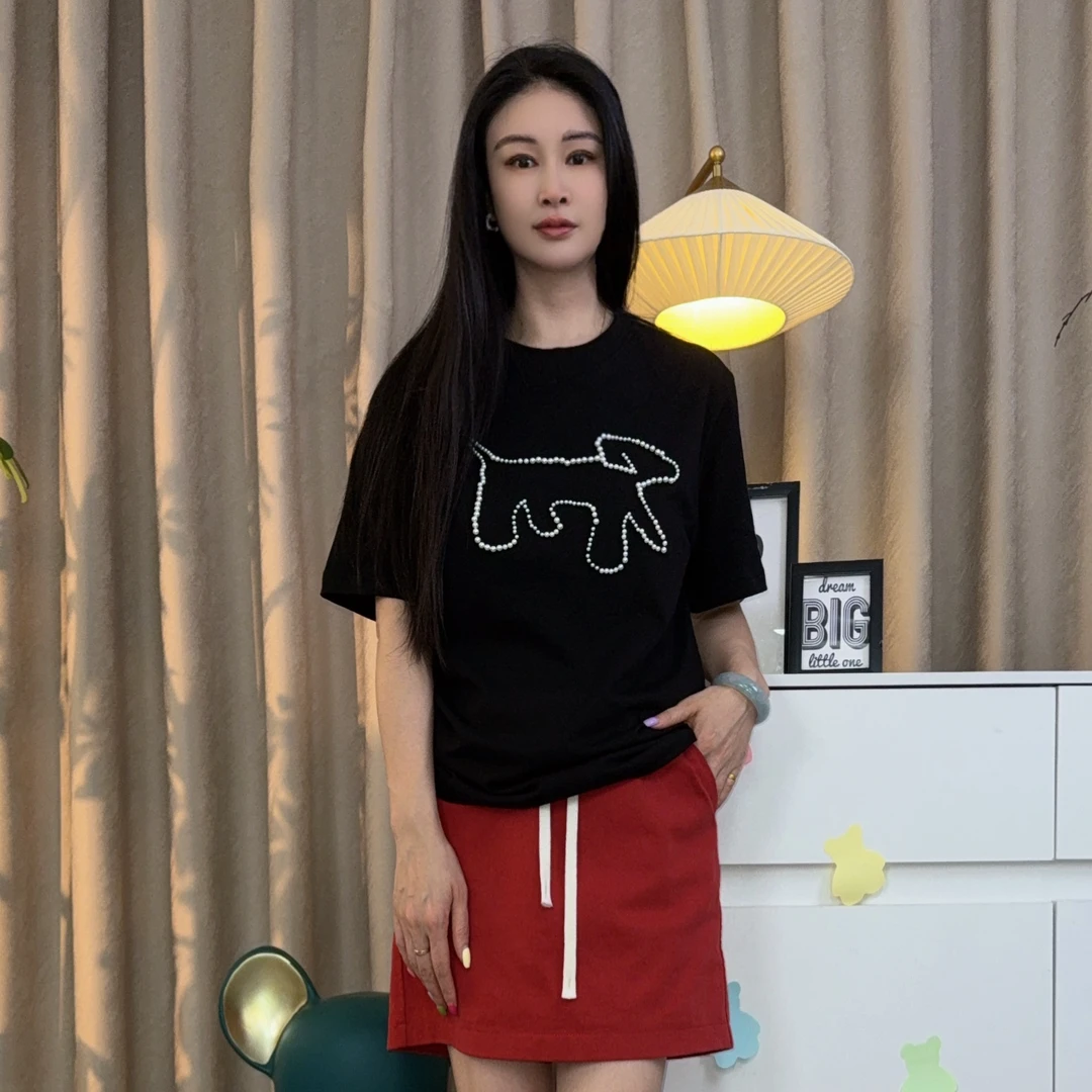 【黑-珍珠小狗】珍珠美式短袖圆领显瘦正肩宽松T恤上衣