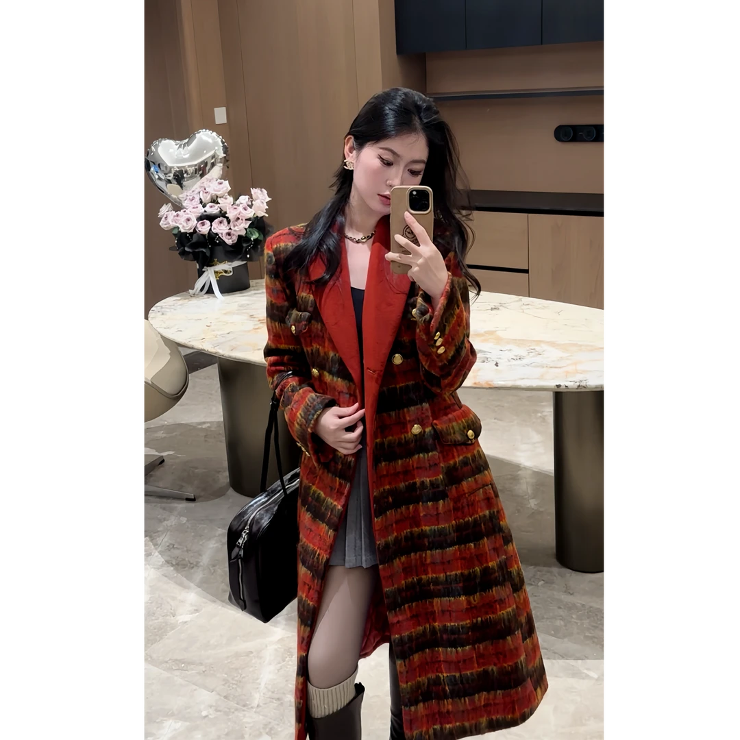 【大只定制】设计款轻奢中长款圣诞格子冬季大衣2896