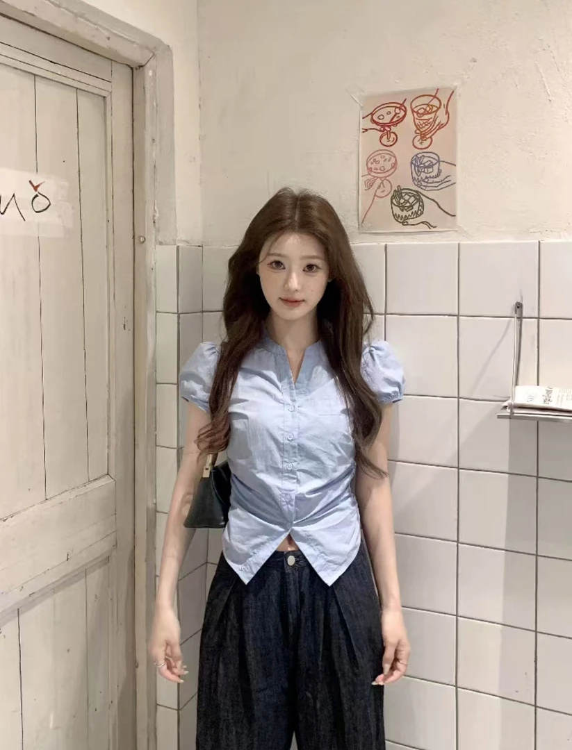 JAMUUS辣妹纯欲风泡泡袖衬衫女夏季新款褶皱收腰显瘦设计感上衣