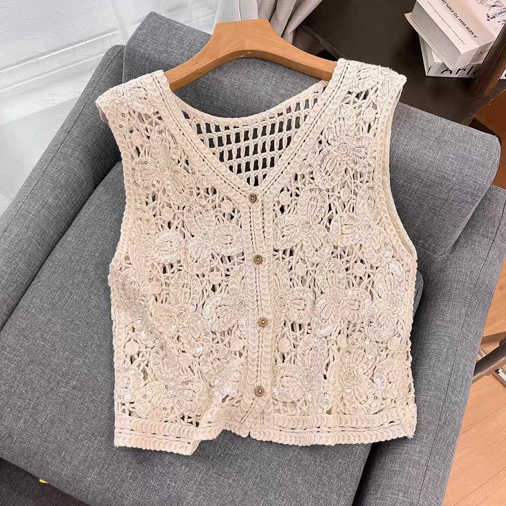 【V领亮片钉珠花朵背心马甲】3434