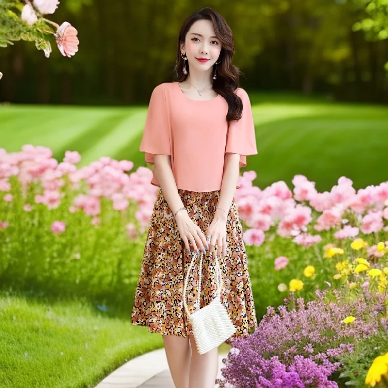 罗得堡夏装新款短袖碎花小个子时尚雪纺两件套套裙3603套装裙子