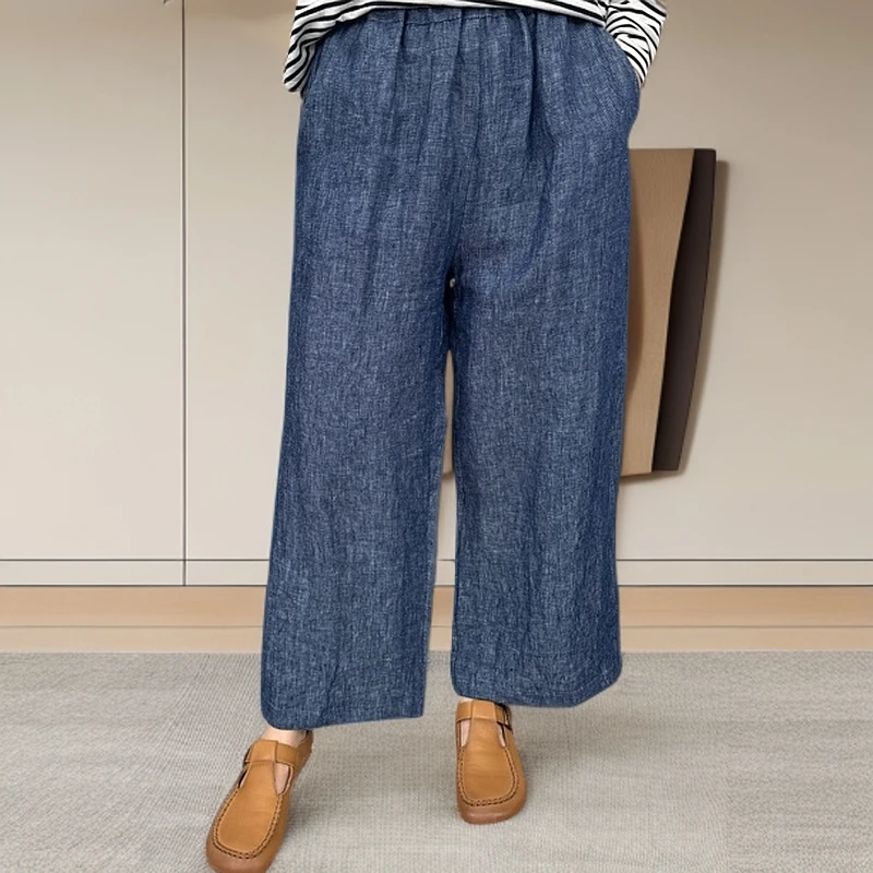 【花植】牛仔蓝100%法国色织人字纹亚麻九分裤夏季长裤薄款透气休闲