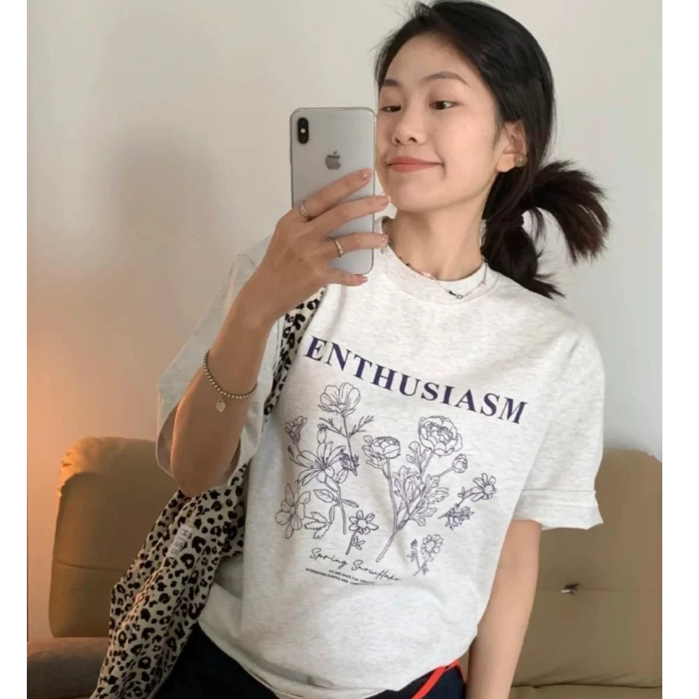 花灰色纯棉上衣女2025新款爆款夏装宽松显瘦中长款圆领短袖T恤潮