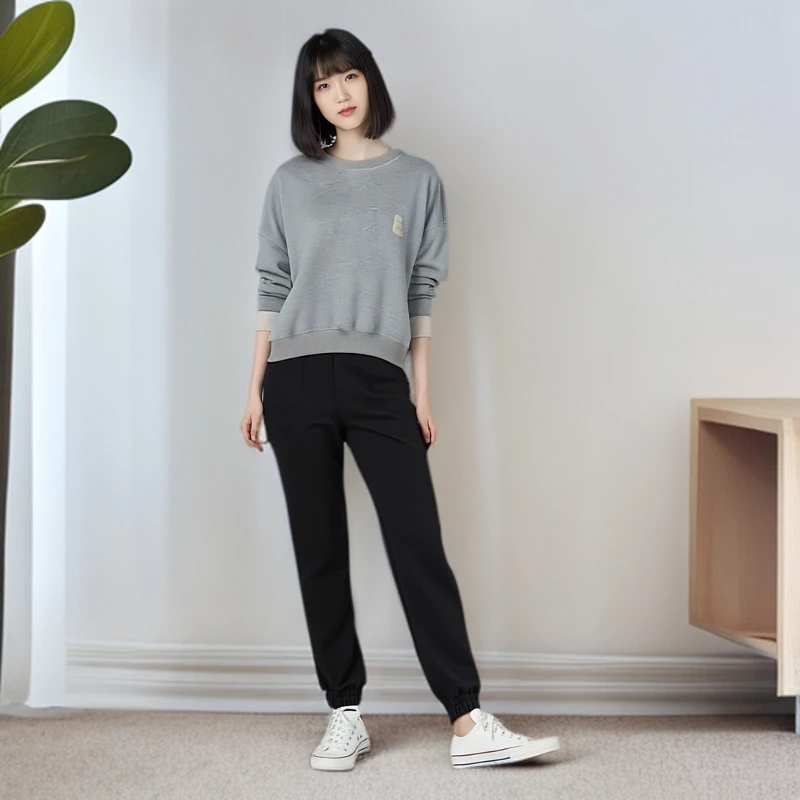 灰色圆领无帽套头卫衣女春秋款2025秋冬新款慵懒宽松长袖上衣女款
