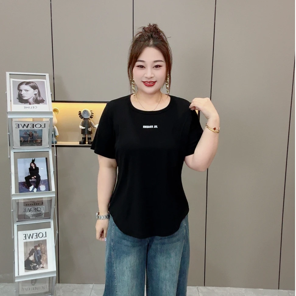 2025早春洋气时尚字母百搭遮肉显瘦大码女装半袖  胖MM新款圆领