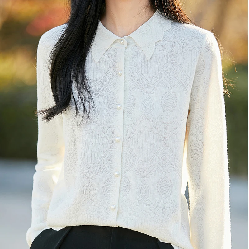 氛围感镂空提花蕾丝打底衫精纺羊毛POLO领别致长袖针织开衫上衣