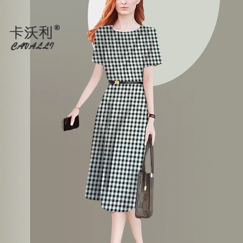 高档时尚名媛连衣裙格子连衣裙2025新款夏季简约显瘦洋气短袖裙子