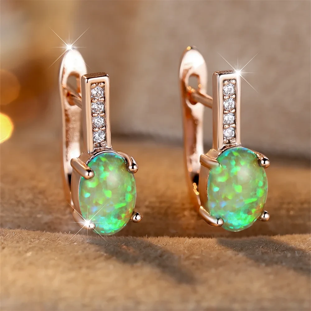铜合金合成锆石耳饰 玫瑰色四爪蛋形绿耳扣7026
