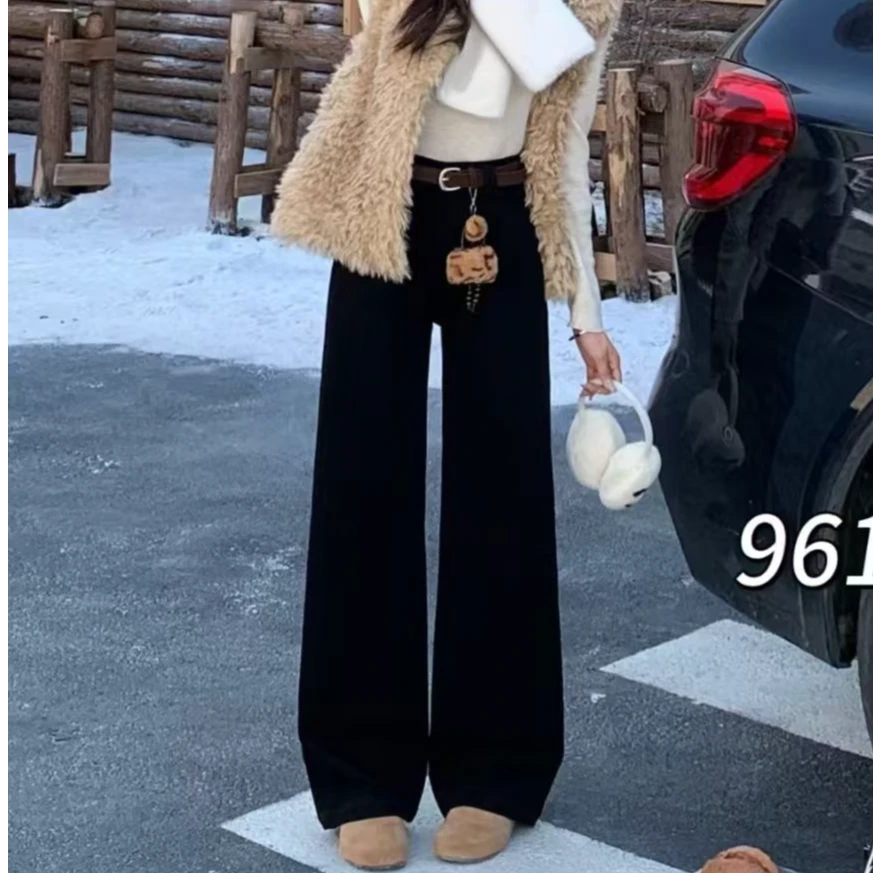 【静姐家】9612【加厚密密绒】秋冬新款小个子黑色加厚牛仔直筒牛仔裤