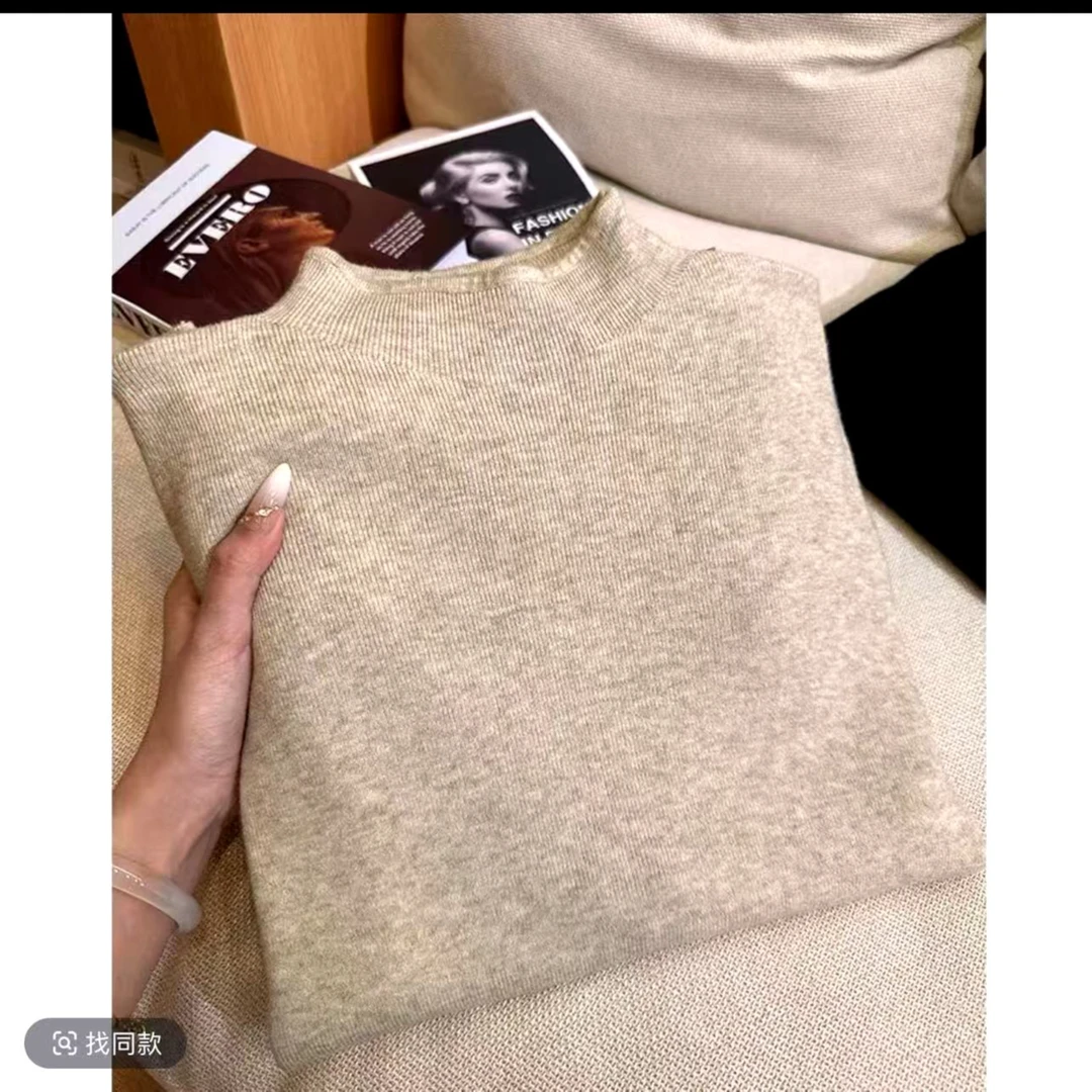 7633软糯针织长袖打底衫女冬季毛衣韩版简约上衣内搭#燕麦色