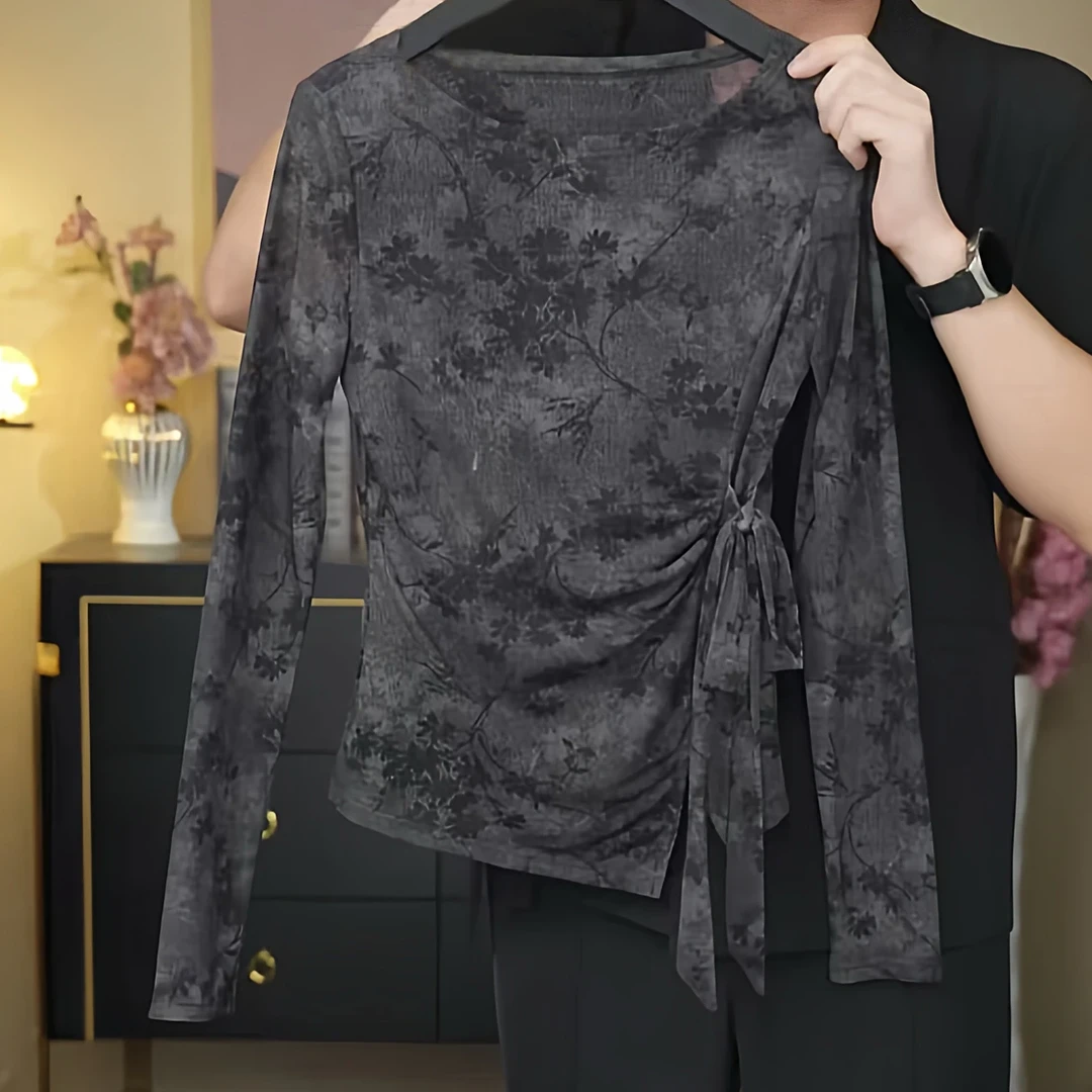 黑色网纱印花长袖t恤女秋季收腰打底衫2025新款韩系绑带显瘦上衣
