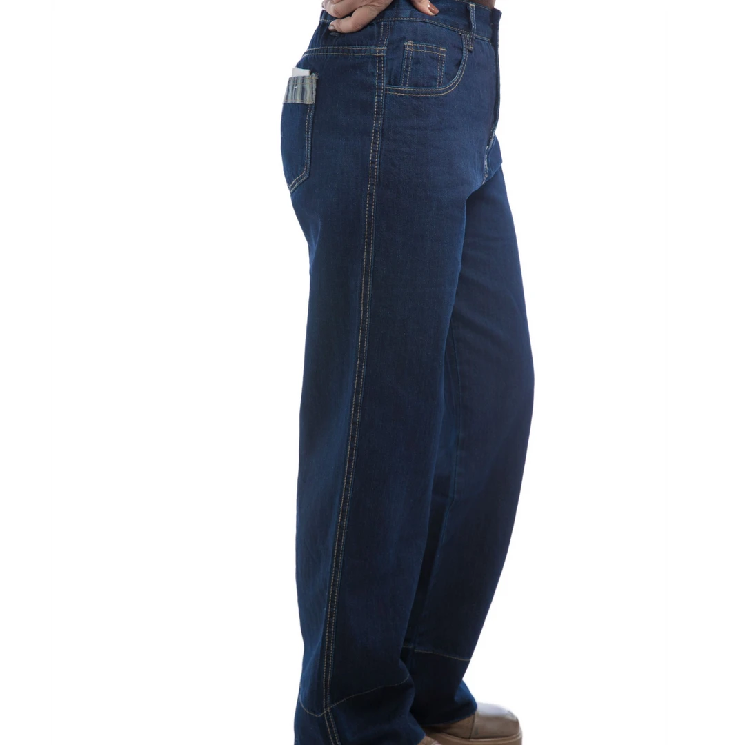 深蓝色直通折叠休闲时尚牛仔裤高腰阔腿宽松水洗