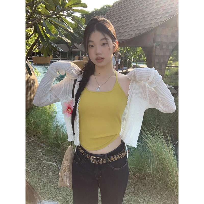 【盛夏】夏季白色长袖上衣外搭短款辣妹薄款显瘦针织开衫2024-512#