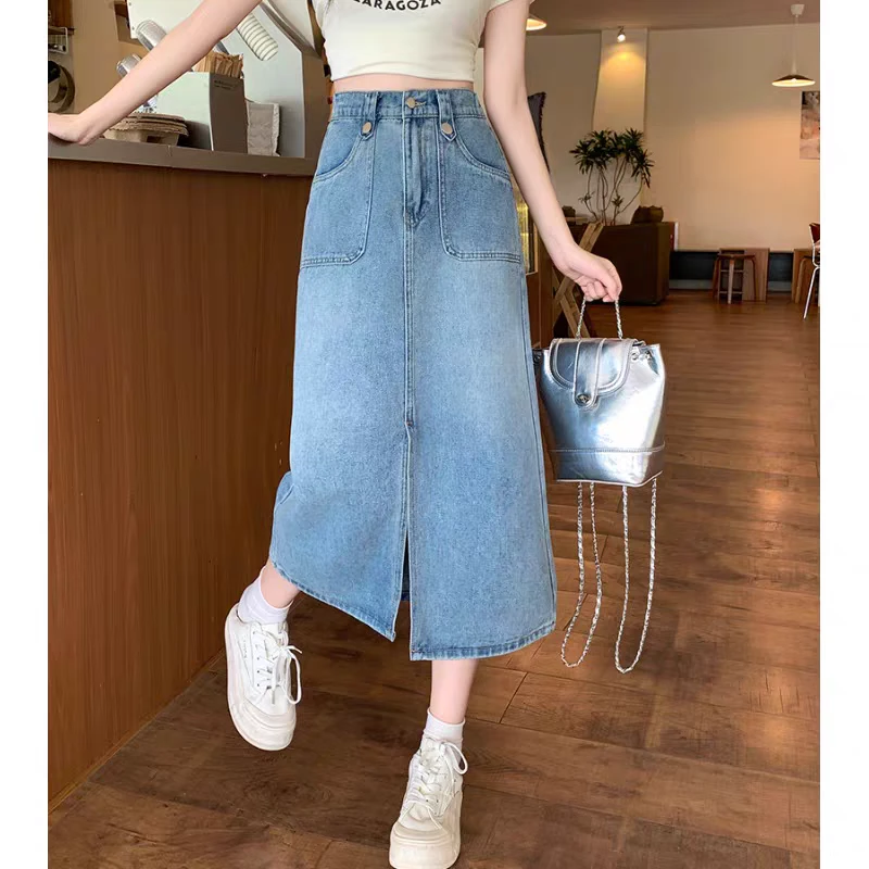 大码2025夏新款胖mm开叉牛仔半身裙女a字宽松显瘦韩版复古中长款