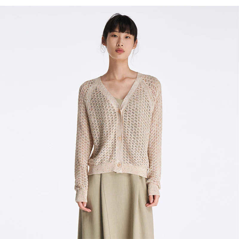 FALEMIG-萝家春夏气质镂空珠片纱波嬉通勤针织开衫女M08600