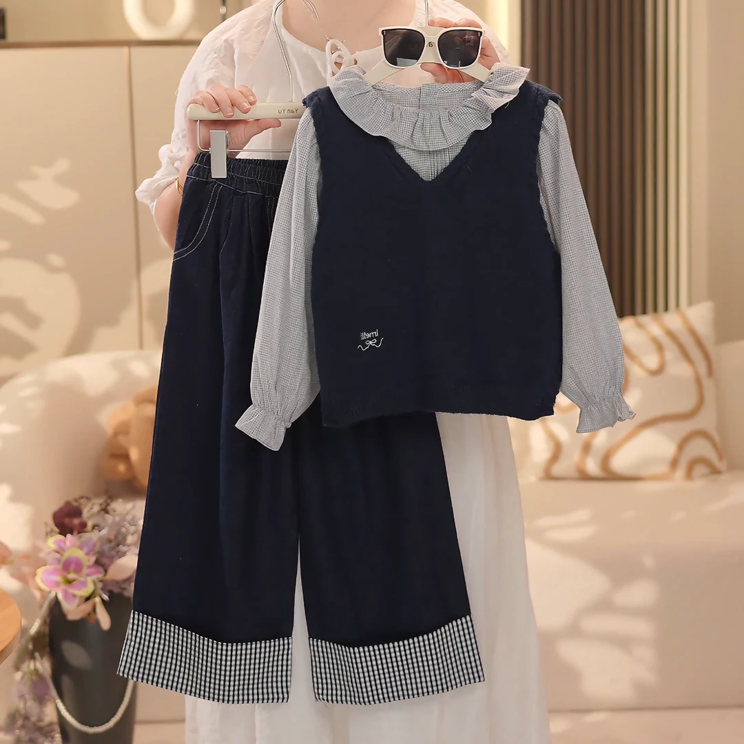 女童2025秋季新款洋气韩系娃娃衫马甲+牛仔阔腿裤套装YY592