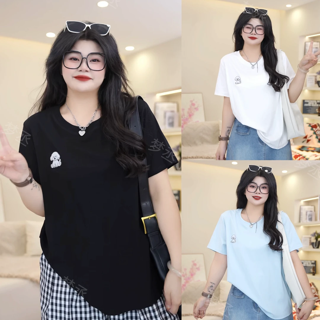 梦丞【夏雨绵绵】大码女装刺绣小狗宽松显瘦时尚简约百搭短袖t恤