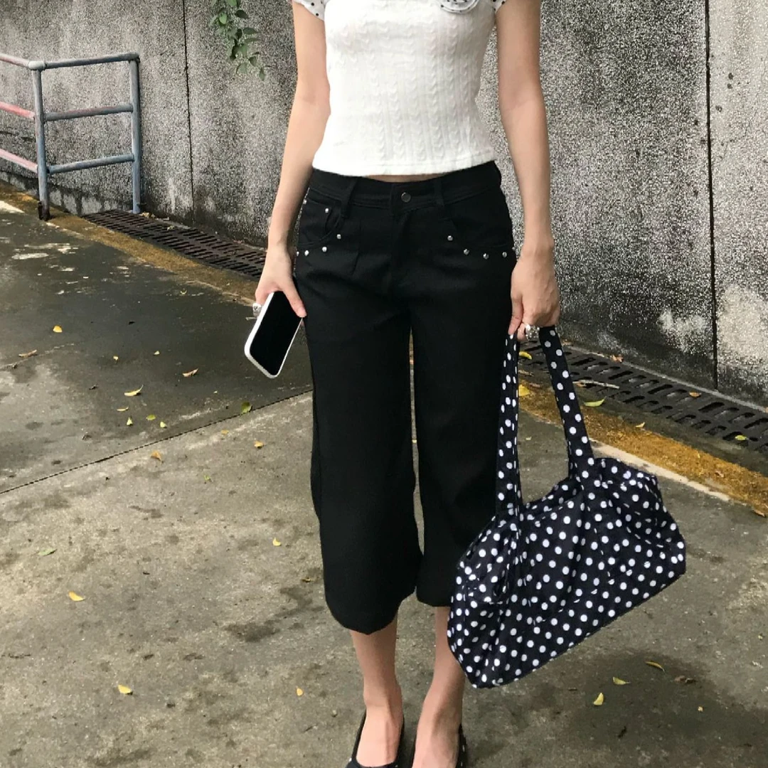 QYao Girls美式复古修身休闲低腰中裤黑色直筒微喇叭裤七分裤夏季