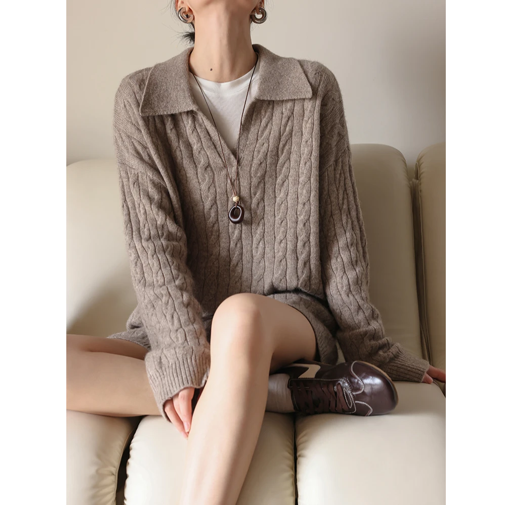 JWUNIQUE酒窝卡其色羊毛套装女秋季新款麻花针织衫阔腿短裤两件套