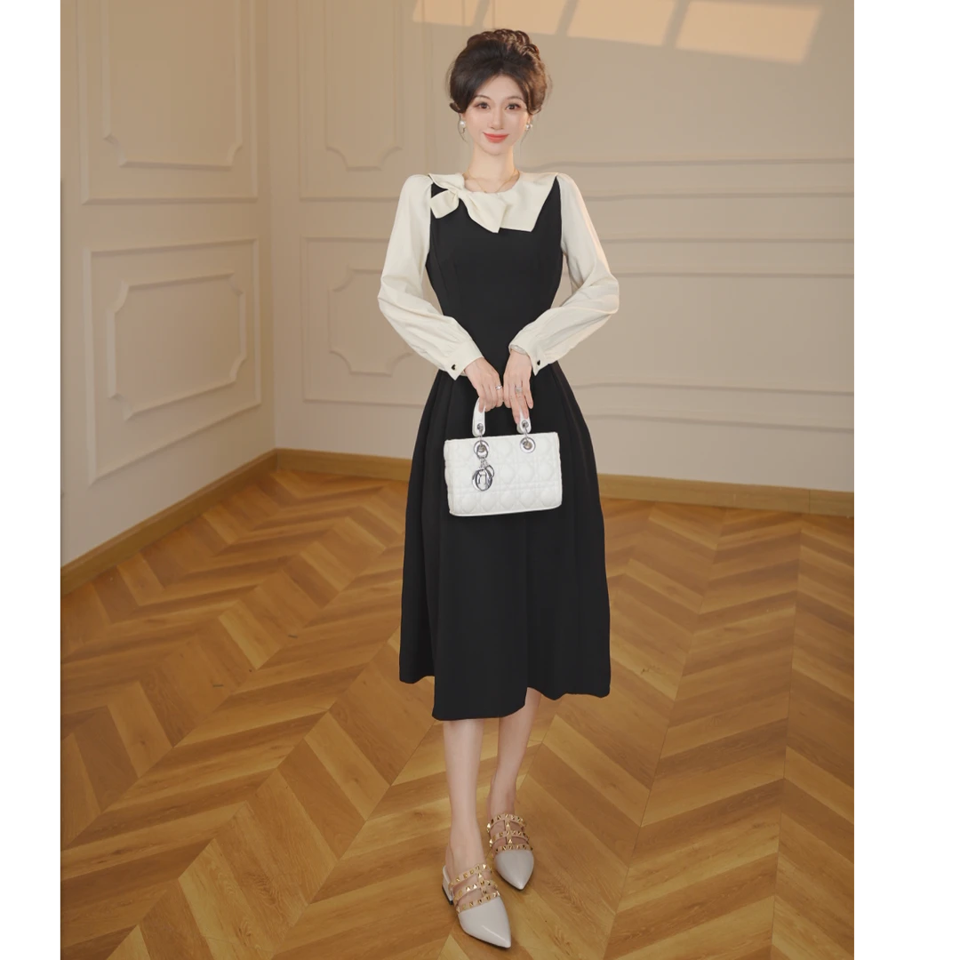 【张小小】法式假两件黑色连衣裙秋2025新富家千金风收腰a字裙2137