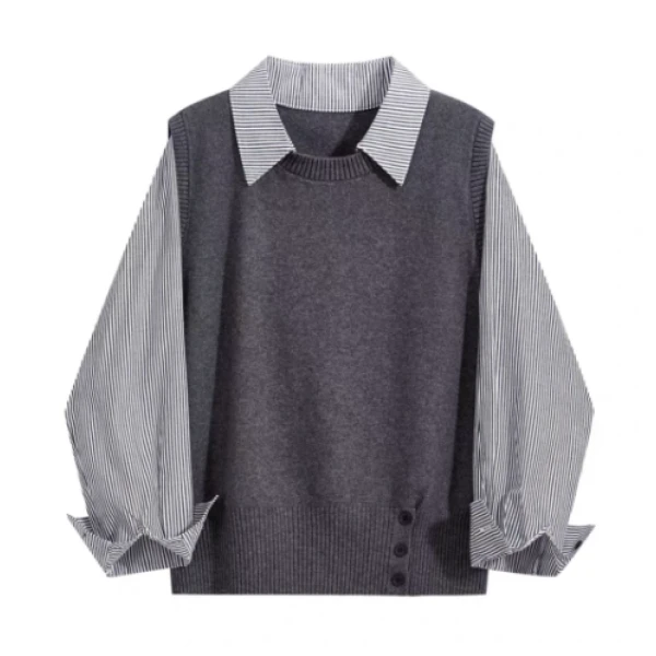 秋季新款法式拼接毛针织假两件条纹衬衫女装高级设计感长袖针织